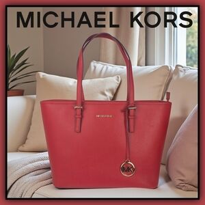 Michael Kors Jet Set Saffiano Leather Red Tote Bag with COA